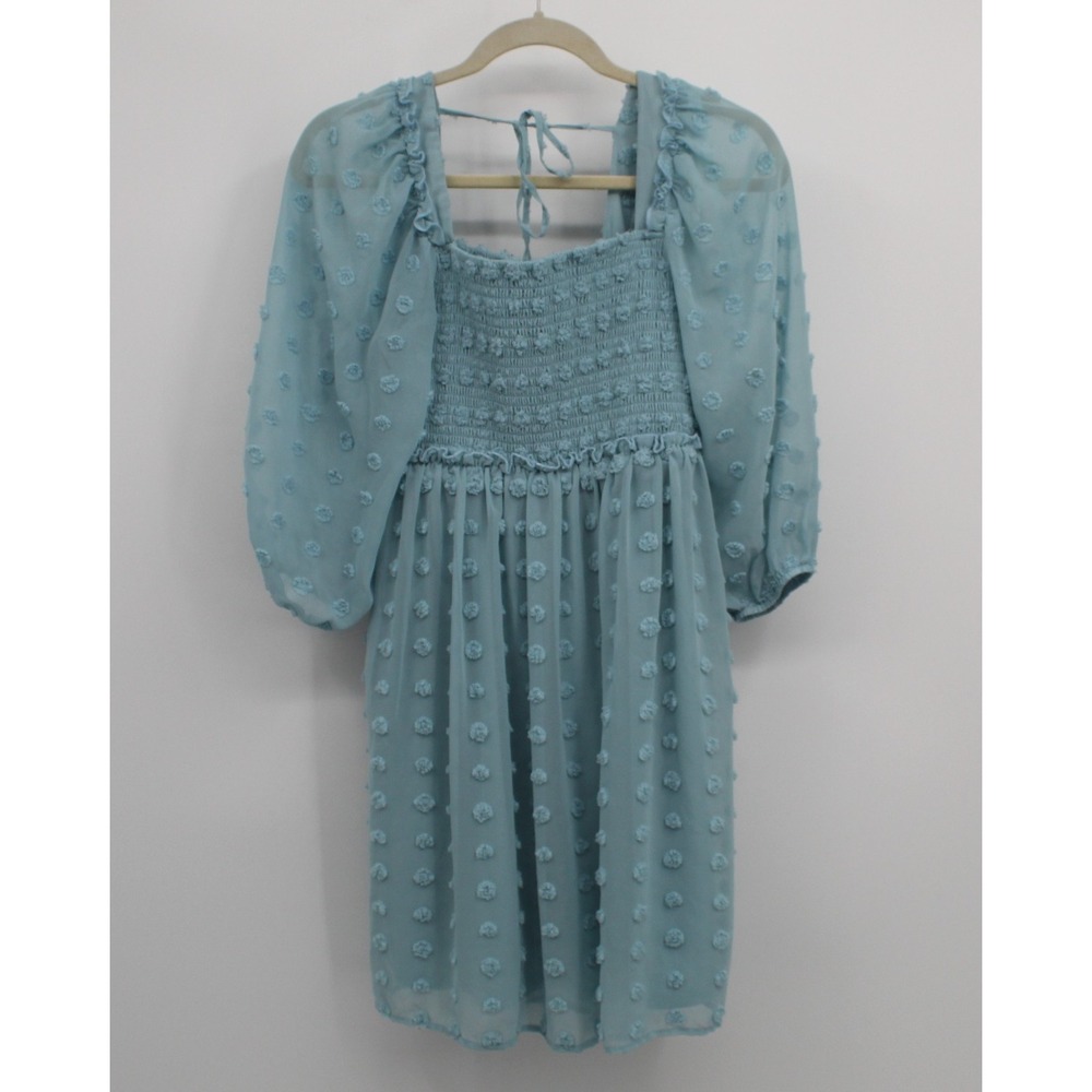 Maternity Light Blue Babydoll Smocked Chiffon Dress SquareNeck TexturedDot Small